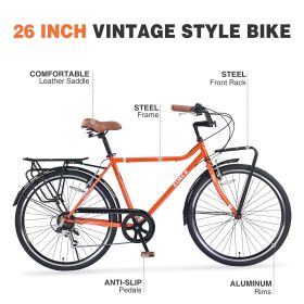 7 Speed, Steel Frame, Multiple Colors 26 Inch Vintage Style Bike,Retro Commute Bike for Women and Men